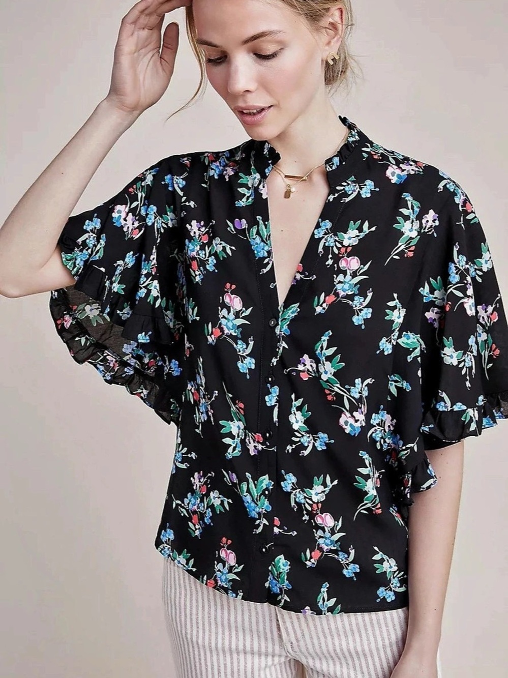 Maeve by Anthropologie Aveiro Flutter-Sleeved Buttondown